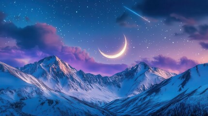 Serene Winter Night Over Majestic Snow-Capped Mountains Illuminated By A Crescent Moon And Stars