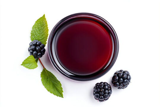 a cup of blackberry juice with a leaf on the side