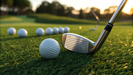 "Elegant Golf Club and Ball Arrangement for Scenic Practice Session on a Well-Maintained Course at Dusk"
