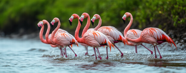 Obraz premium Flamingo parade: a group of flamingos wading in shallow water, their pink plumage creating a vibrant contrast against the green foliage.