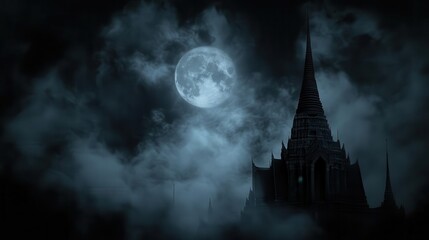 Mysterious Gothic Temple Silhouette Against a Full Moon and Dark Cloudy Night Sky