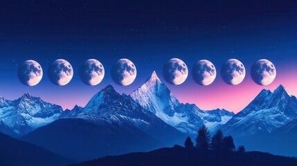 Phases of the Moon Over Majestic Snowy Mountains at Twilight with a Colorful Sky in the Background