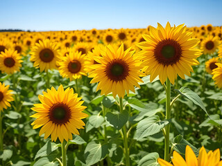 Obraz premium Majestic Sunflower Field Under Blue Sky Vibrant Yellow Flowers, Nature's Beauty, Summer, Sunlight.