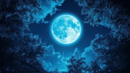 Fototapeta premium Full Moon Illuminating a Starry Night Sky Surrounded by Trees and Clouds in a Serene Landscape