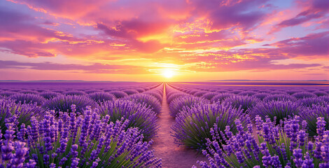 Obraz premium Endless lavender field under a bright sunset sky with colorful clouds. The natural landscape features vivid purple flowers creating a serene background. Ai generative