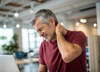 Middle-aged man experiencing neck pain in an office setting.