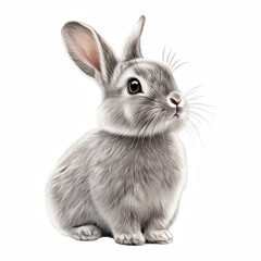 Fototapeta premium Realistic grey rabbit sitting upright with soft fur and alert expression, adorable animal illustration for spring or Easter, isolated on transparent background