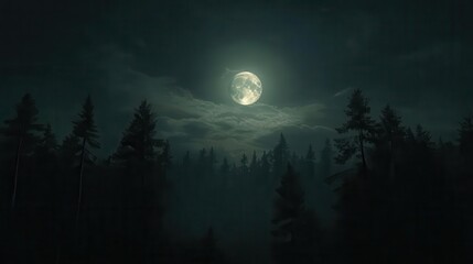 Mysterious Moon Illuminating a Dark Forest Landscape Under a Starlit Sky at Night
