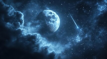 Glowing Moon Surrounded by Stars and Clouds in a Mystical Night Sky Filled with Cosmic Elements