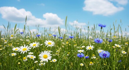 White daisies and blue cornflowers create a colorful display in a wildflower meadow under a cloudy blue sky