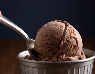 Scoop of Chocolate Ice Cream on Silver Spoon Over Matching Bowl
