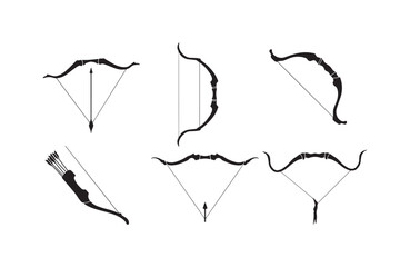 Dark silhouette pack of different archery bows with arrows for tactical graphics, hunting art, and role-playing games