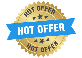 hot offer. hot offer round blue and gold label isolated on transparent background
