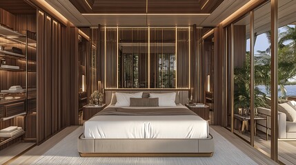 A luxurious and elegant bedroom with a comfortable bed and beautiful views