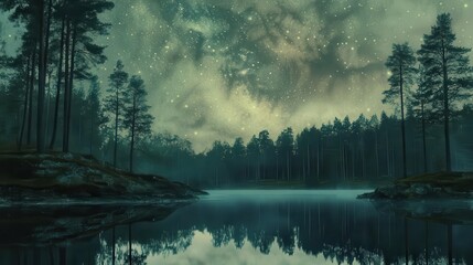 Starry Night Sky Over Tranquil Forest and Reflections in Calm Lake Water