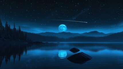 Mystical Night Landscape with Moonlight Reflections Over Calm Lake Surrounded by Forest