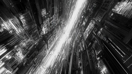 Monochrome Cybernetic Cityscape: A futuristic and abstract architectural scene