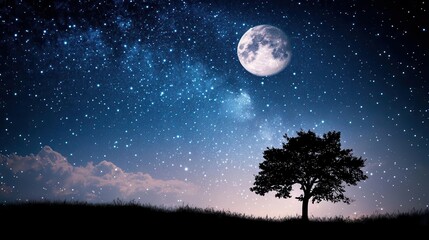 Starry Night Sky with Full Moon and Silhouette of a Tree in a Calm Landscape