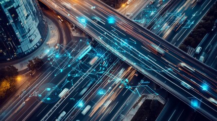 An AI powered traffic management system optimizing vehicle flow and reducing congestion in a futuristic city center, glowing traffic control interface, real-time vehicle tracking