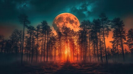 Illuminated Forest Silhouette Under Full Moon at Sunset with Vibrant Night Sky