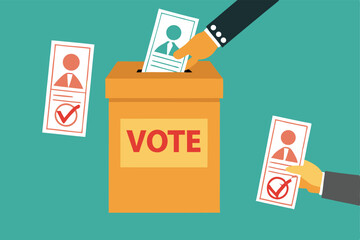 Hand Casting Ballot Into Vote Box - Election Voting Process with Checked Ballots and Paper Voting Forms