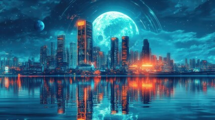Stunning Futuristic Urban Cityscape at Night with Reflections of Neon Lights and Full Moon