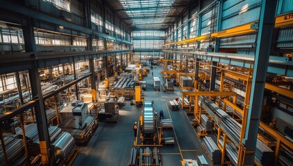 Fototapeta premium inside a vast industrial manufacturing facility showcasing advanced machinery production lines and logistical efficiency under a bright skylight structure