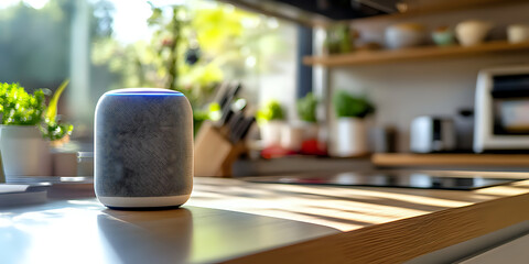 Stylish smart speaker positioned on a sleek kitchen countertop