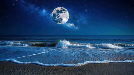 Nighttime Coastal Scene Featuring Full Moon Over Ocean Waves and Twinkling Stars