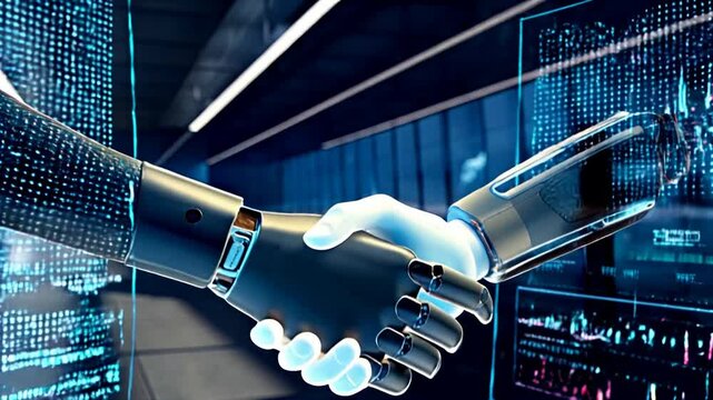 In a futuristic corporate environment, a visually stunning business handshake takes place, demonstrating innovation and strategic growth through seamlessly integrated investment data and financial gra