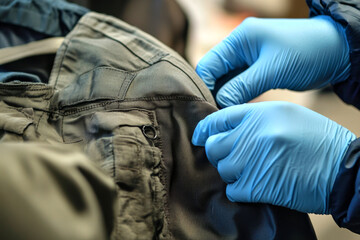 A pair of blue-gloved hands carefully examine the stitching and pockets of a dark tactical-style jacket.