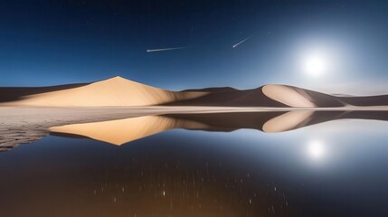 Stunning Moonlit Desert Landscape with Reflection in Calm Water and Starry Night Sky