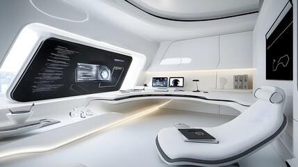 Sleek and Efficient Futuristic Office Interior with Integrated Power and Data Cabling for a Streamlined Technologically Advanced Workspace