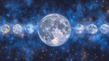 Phases of the Moon Illuminating a Cosmic Space Landscape with Dazzling Stars and Nebula