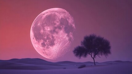 Serene Moonlit Landscape Featuring a Solitary Tree Against a Pink and Purple Sky