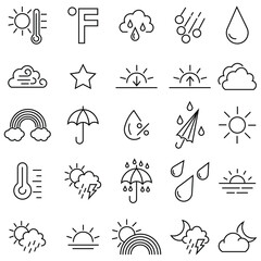 Weather Stroke icon collections. Contains sun, cloud, rain, summer, spring, cloudy season and thunder weather. Outline collection of meteorology symbols. Vector illustration.