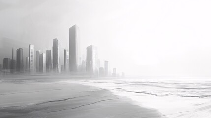 Monochrome cityscape, desert, hazy sky, environmental impact, website banner