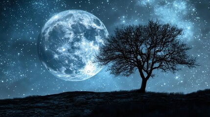 Silhouette of a Tree Under a Bright Full Moon in a Starry Night Sky