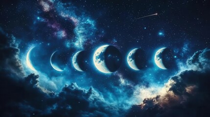 Phases of the Moon Lighting Up a Starry Night Sky with Colorful Galactic Background