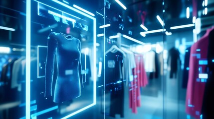 An AI powered virtual fitting room allowing customers to try on clothes digitally in an online shopping experience, glowing clothing simulation interface, real-time outfit adjustments