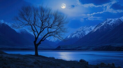 Silhouette of a Lone Tree Under the Full Moon with Snowy Mountains Reflected in Tranquil Lake