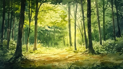 Obraz premium Watercolor Forest Path Sunlight, Lush Trees, Peaceful Scenery, Stock Photo