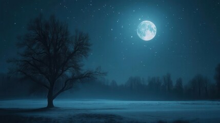 Serene Night Landscape with Full Moon and Silhouette of a Tree Under a Starry Sky