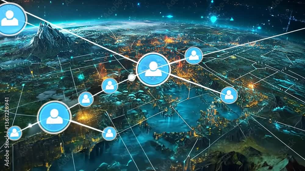 Poster global networking visualization with user icons connecting over a futuristic earth