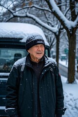 arafed man standing in front of a truck in the snow
