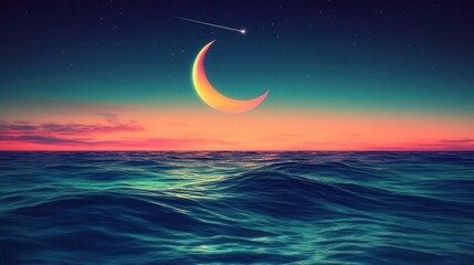 Scenic View of a Crescent Moon Over a Calm Ocean at Sunset with a Colorful Sky and Stars