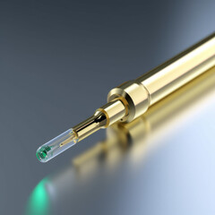 Close-up of a metal fiber optic cable plug with light spots and silver details, showcasing technology, sound equipment, and connections