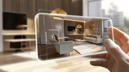 An AI powered virtual home staging tool, simulating furniture and decor arrangements in real-time to help buyers visualize their new homes, glowing staging interface