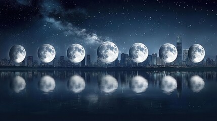 Sequence of Full Moons Reflecting in a Tranquil Urban River at Night Before a Starry Sky