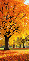Majestic autumn tree with golden-orange leaves in a sunlit park, surrounded by similar trees, on a bright day. Perfect for phone wallpaper. Ai generative